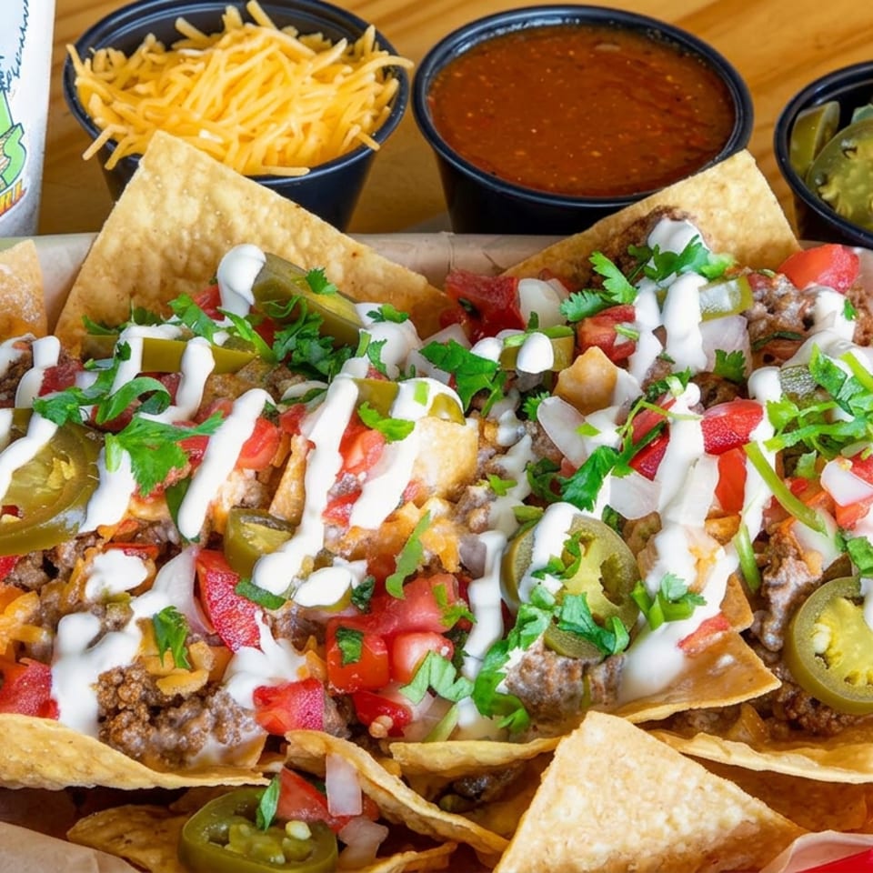 Loaded Mexican nachos topped with seasoned beef, cheese, tomatoes, jalapeños, cilantro, and sour cream, with salsa and shredded cheese on the side.