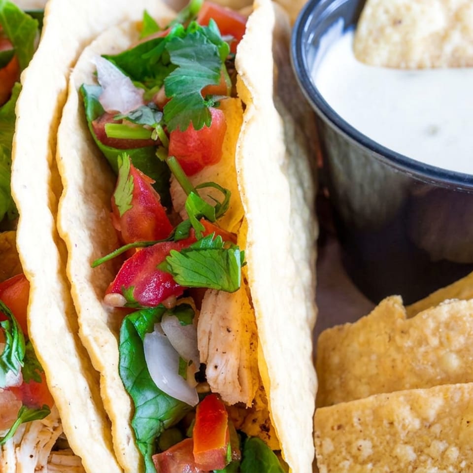 Close-up of soft tacos filled with chicken, tomatoes, onions, greens, and cilantro, served with tortilla chips and creamy dip.