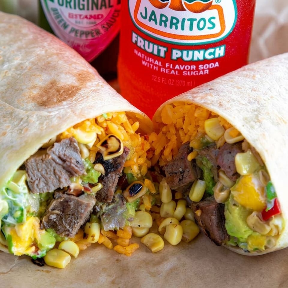 Two cut-open steak burritos with rice, corn, beans, guacamole, and cheese beside Jarritos fruit punch soda.