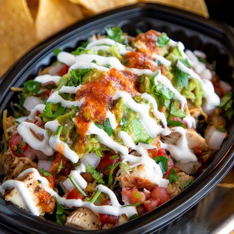 Loaded Mexican rice bowl topped with grilled chicken, guacamole, salsa, cilantro, and creamy sauce, served with tortilla chips and black beans.