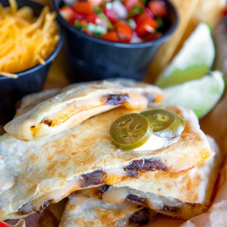 Stacked grilled quesadillas with melted cheese, sliced jalapeños, shredded cheese, pico de gallo, and guacamole in black bowls.