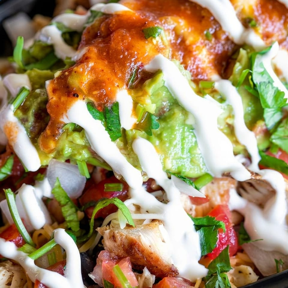 Loaded Mexican-style nachos topped with grilled chicken, guacamole, salsa, cilantro, and drizzled white sauce.